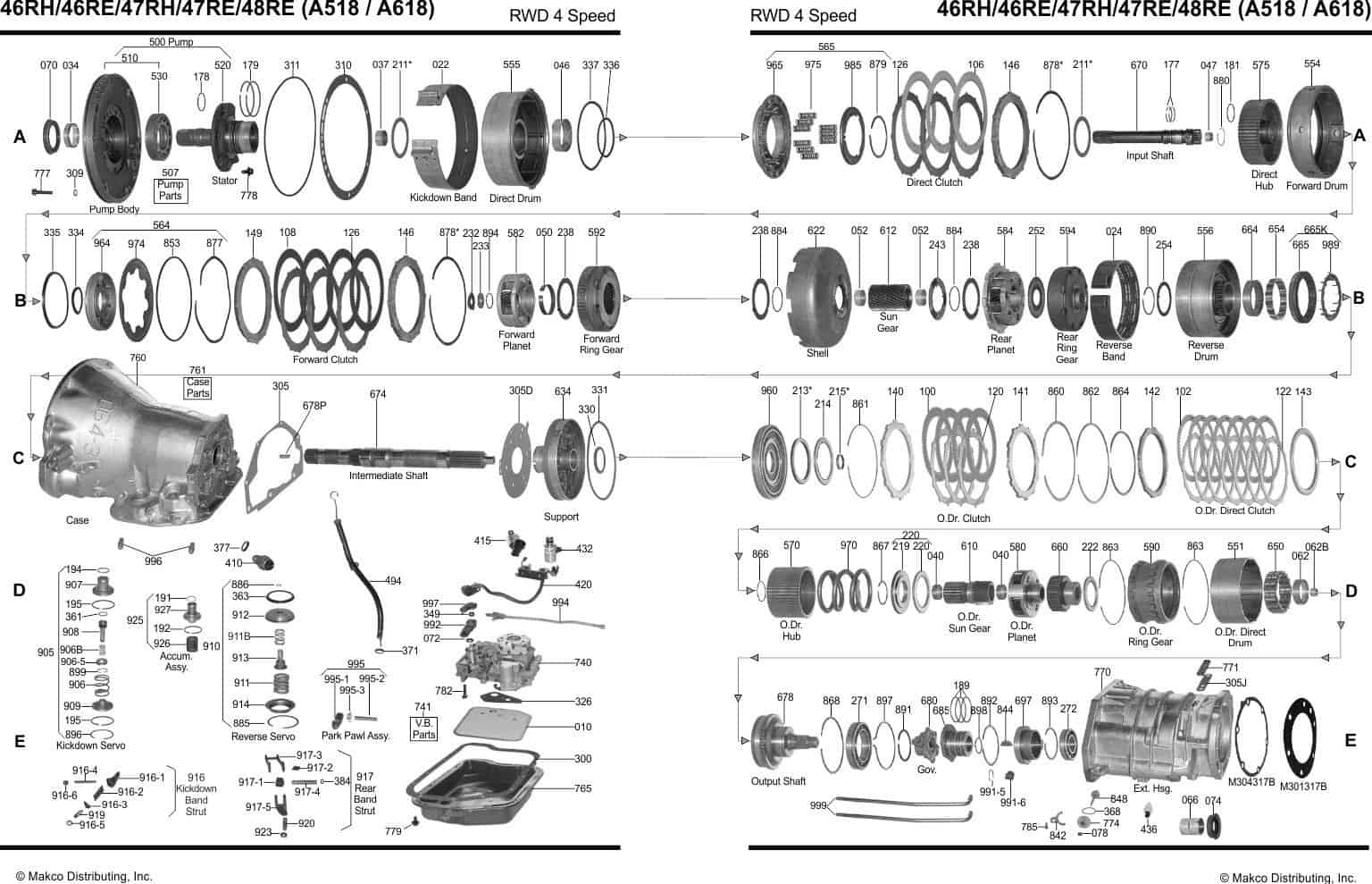 internal transmission parts diagram for 46rh, 46re, 47rh, 47re, 48re, a518, and a618 transmissions