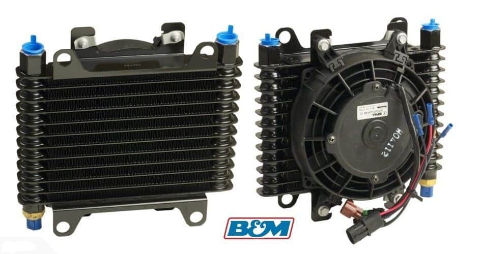 B&M 70298 transmission cooler with electric fan front and back view