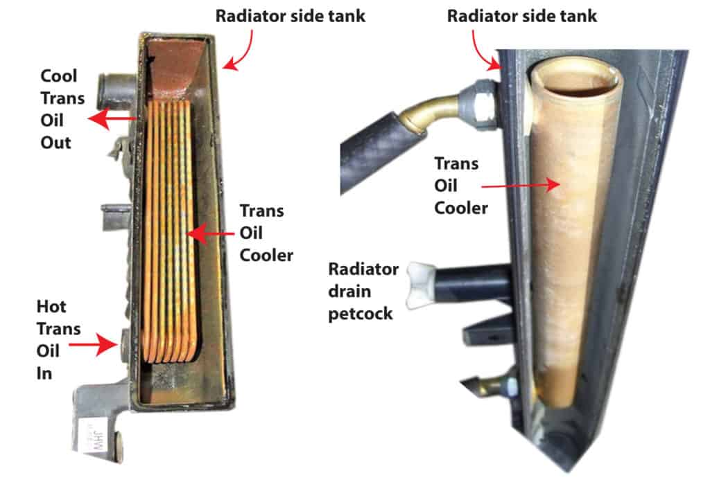 Inside of a radiator showing the transmission transmission cooler